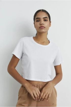 تی شرت سفید زنانه یقه گرد پنبه (نخی) رگولار پوشاک ورزشی کد 793554990