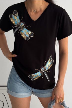 تی شرت مشکی زنانه رگولار یقه هفت تکی طراحی کد 794055801