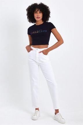 شلوار جین سفید زنانه پاچه ساده سوپر فاق بلند جین بلند کد 794280624