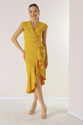 لباس مجلسی زرد زنانه پلی استر آستین استاندارد رگولار یقه هفت آستر دار کد 794518311