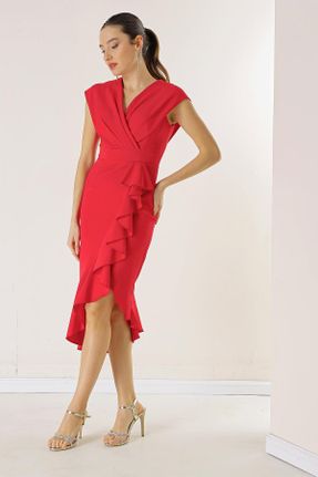 لباس مجلسی قرمز زنانه پلی استر آستین استاندارد رگولار یقه هفت آستر دار کد 794518570