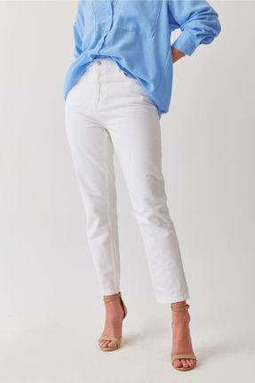 شلوار جین سفید زنانه پاچه ساده سوپر فاق بلند جین بلند کد 794280573