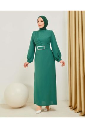 لباس مجلسی سبز زنانه یقه ایستاده کرپ آستین استاندارد رگولار کد 449570093