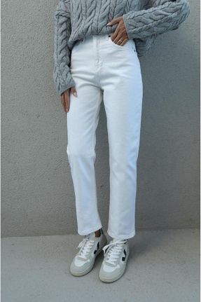 شلوار جین سفید زنانه پاچه ساده سوپر فاق بلند جین بلند کد 794280684