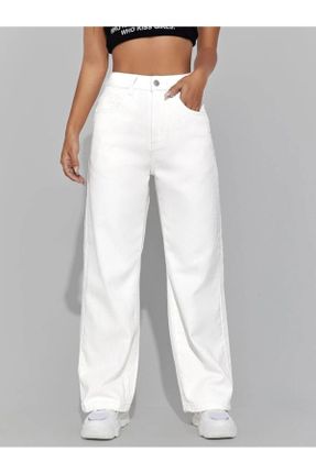 شلوار جین سفید زنانه پاچه گشاد سوپر فاق بلند جین بلند کد 794280544