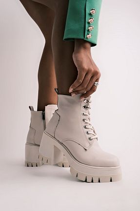 بوت / نیم بوت بژ زنانه پاشنه ضخیم LAL SHOES & BAGS - کد 794335583