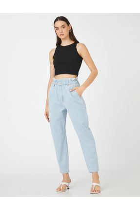 شلوار جین آبی زنانه پاچه لوله ای فاق بلند کاپری کد 391661255
