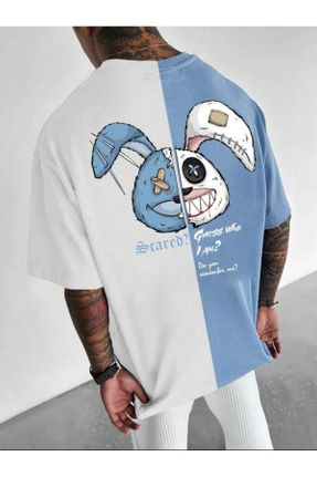 تی شرت آبی مردانه اورسایز یقه خدمه پنبه - پلی استر تکی کد 794989937