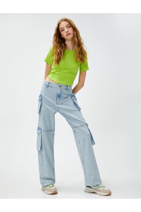 شلوار جین آبی زنانه پاچه گشاد فاق بلند کارگو کد 660254234