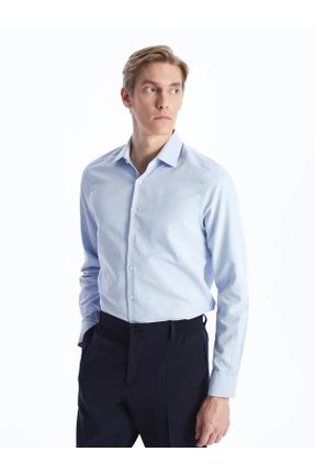پیراهن آبی مردانه پنبه - پلی استر یقه پیراهنی تنگ کد 794906463