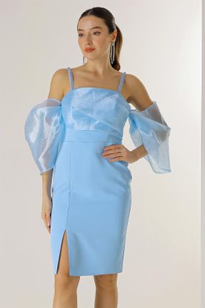 لباس مجلسی آبی زنانه آستین استاندارد رگولار یقه مربع آستر دار کد 795138163
