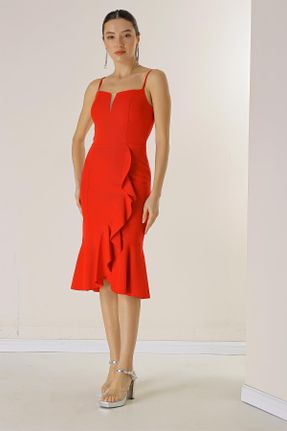 لباس مجلسی قرمز زنانه پلی استر آستین استاندارد رگولار یقه مربع آستر دار کد 795137031