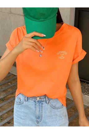 تی شرت نارنجی زنانه اورسایز یقه گرد پنبه (نخی) تکی کد 795527445