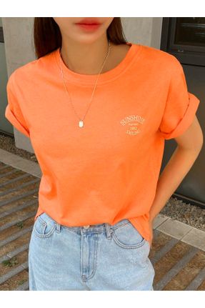 تی شرت نارنجی زنانه اورسایز یقه گرد پنبه (نخی) کد 795526318