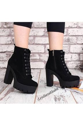 بوت / نیم بوت مشکی زنانه چرم مصنوعی LEYDİ SHOES - کد 220640631