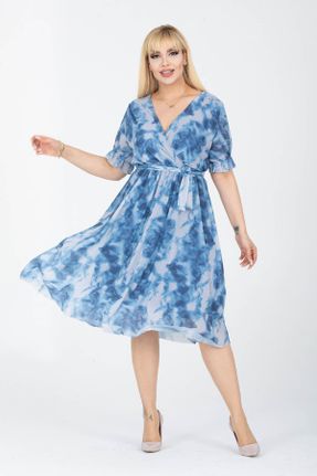 لباس آبی زنانه شیفون سایز بزرگ بافتنی کد 763814738