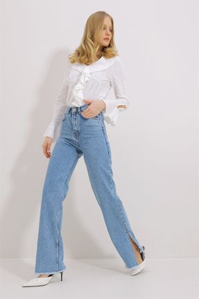 شلوار جین آبی زنانه پاچه گشاد فاق بلند جین ساده کد 796362643