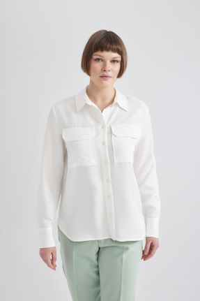 پیراهن سفید زنانه رگولار یقه پیراهنی کد 796294570