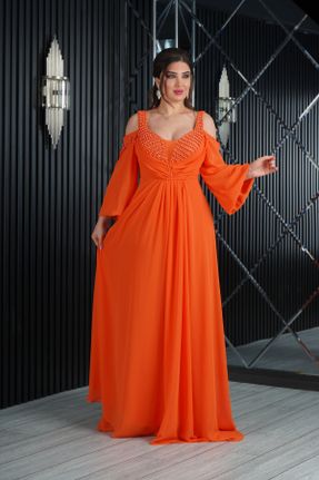 لباس مجلسی نارنجی زنانه شیفون یقه قلب آستر دار کد 797204439