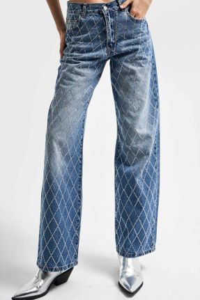 شلوار جین آبی زنانه پاچه راحت فاق افتاده پنبه (نخی) کد 782603471