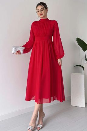 لباس مجلسی قرمز زنانه شیفون آستین استاندارد رگولار یقه هفت آستر دار کد 798088690