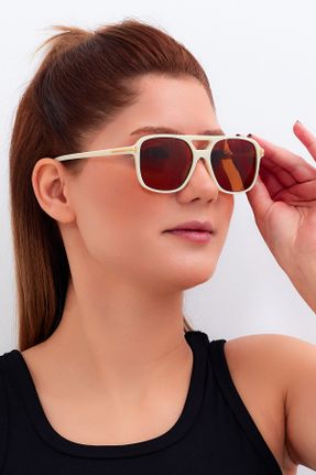 عینک آفتابی بژ زنانه 50 UV400 استخوان مات هندسی کد 787134202