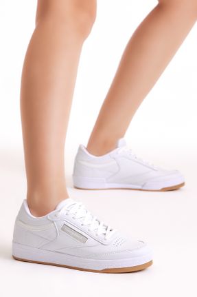 کفش اسنیکر سفید زنانه بند دار چرم مصنوعی کد 6044876