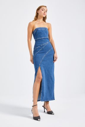 لباس آبی زنانه جین پنبه (نخی) استراپلز کد 780570484