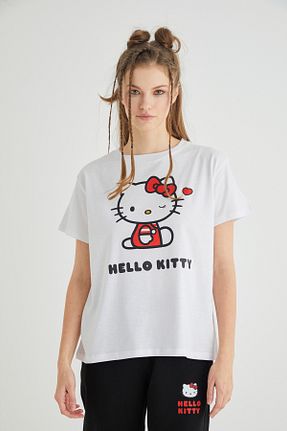 تیشرت سفید زنانه اورسایز Hello Kitty - کد 798015917