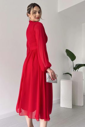 لباس مجلسی قرمز زنانه رگولار آستین استاندارد یقه هفت شیفون آستر دار کد 798088690