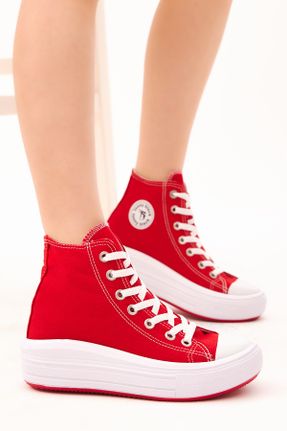 کفش اسنیکر قرمز زنانه بند دار پارچه نساجی کد 283357084