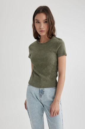 تی شرت خاکی زنانه Fitted یقه گرد تکی کد 798706518