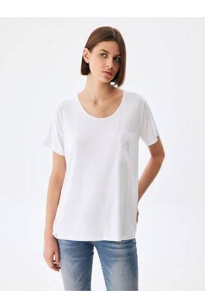 تی شرت سفید زنانه رگولار یقه گرد تکی کد 747928497