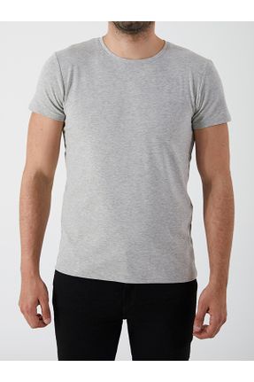 تی شرت طوسی مردانه یقه گرد پنبه - پلی استر Fitted تکی بیسیک کد 34320476