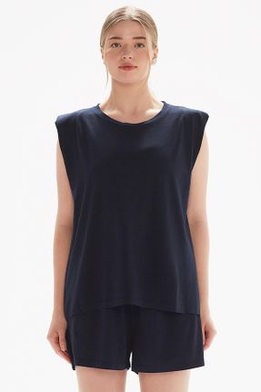 تی شرت سرمه ای زنانه رگولار یقه گرد تکی طراحی کد 742781714