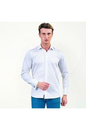 پیراهن سفید مردانه اسلیم فیت یقه پیراهنی پنبه (نخی) کد 749650285