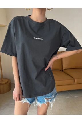 تی شرت طوسی زنانه اورسایز یقه گرد پنبه - پلی استر تکی جوان کد 798821023