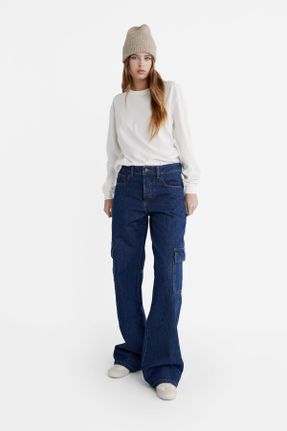 شلوار جین آبی زنانه فاق بلند پنبه (نخی) کارگو استاندارد کد 799452146