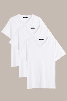 تی شرت سفید مردانه رگولار یقه هفت پنبه (نخی) 3