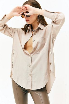 پیراهن بژ زنانه اورسایز Naliru - کد 799130298