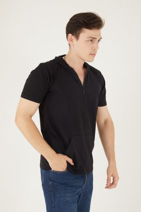 تی شرت مشکی مردانه رگولار کلاه دار پنبه (نخی) کد 353625224