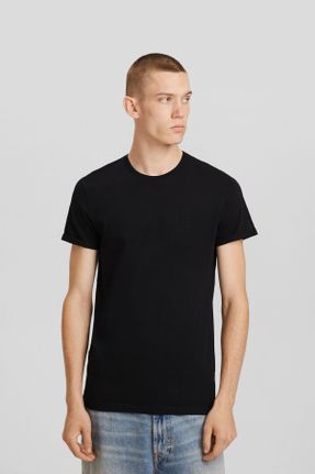 تی شرت مشکی مردانه رگولار یقه دگاژه پنبه (نخی) تکی کد 800013514