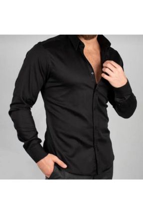 پیراهن مشکی مردانه اسلیم فیت یقه ایتالیایی پنبه - پلی استر کد 94403829