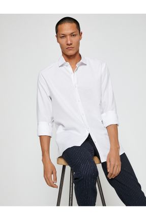 پیراهن سفید مردانه اسلیم یقه پیراهنی پنبه - پلی استر کد 411247971