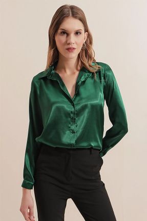 پیراهن سبز زنانه رگولار یقه پیراهنی پنبه - پلی استر کد 727783323