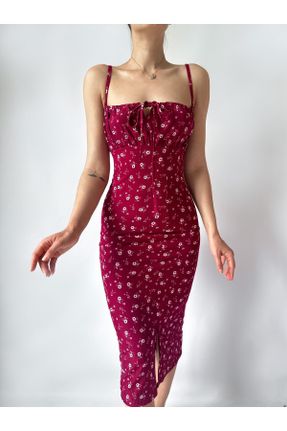 لباس زرشکی زنانه بافت پنبه - پلی استر - الاستن طرح گلدار رگولار بند دار کد 695156991