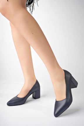 کفش پاشنه بلند کلاسیک سرمه ای زنانه چرم طبیعی پاشنه ضخیم پاشنه متوسط ( 5 - 9 cm ) کد 798209416