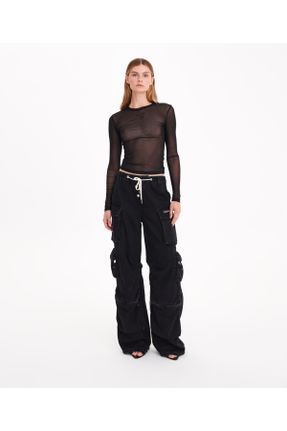 شلوار جین مشکی زنانه پاچه گشاد فاق بلند کارگو بلند کد 771674531