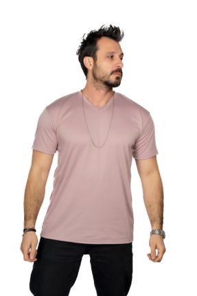تی شرت صورتی مردانه پنبه - پلی استر یقه هفت رگولار تکی بیسیک کد 780634991