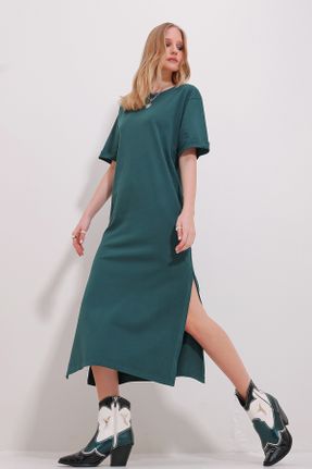 لباس سبز زنانه بافتنی پنبه - پلی استر رگولار بند دار بیسیک کد 801221901